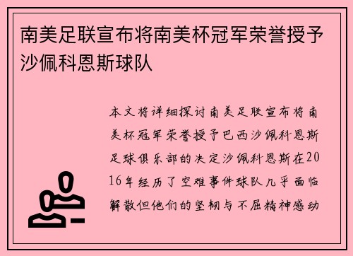南美足联宣布将南美杯冠军荣誉授予沙佩科恩斯球队
